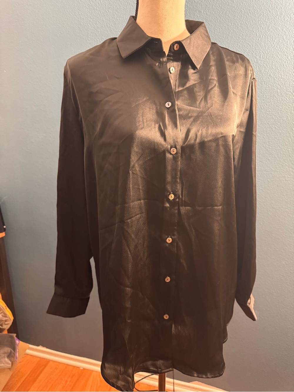 Tahari Black Satin Button-Front Blouse